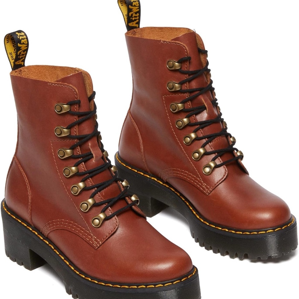Dr. Martens Leona Brown Combat Moto Boots with Chunky Sole